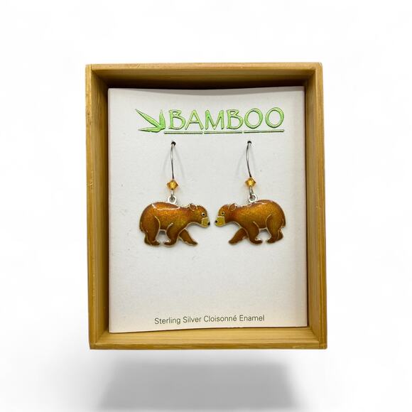 Brown Bear Dangle Earrings 925 Sterling Silver Artisan Cloisonne Enamel - Picture 2 of 4